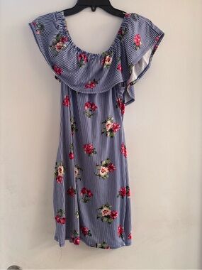 Blue Striped Floral Midi Dress with Ruffle Neckline